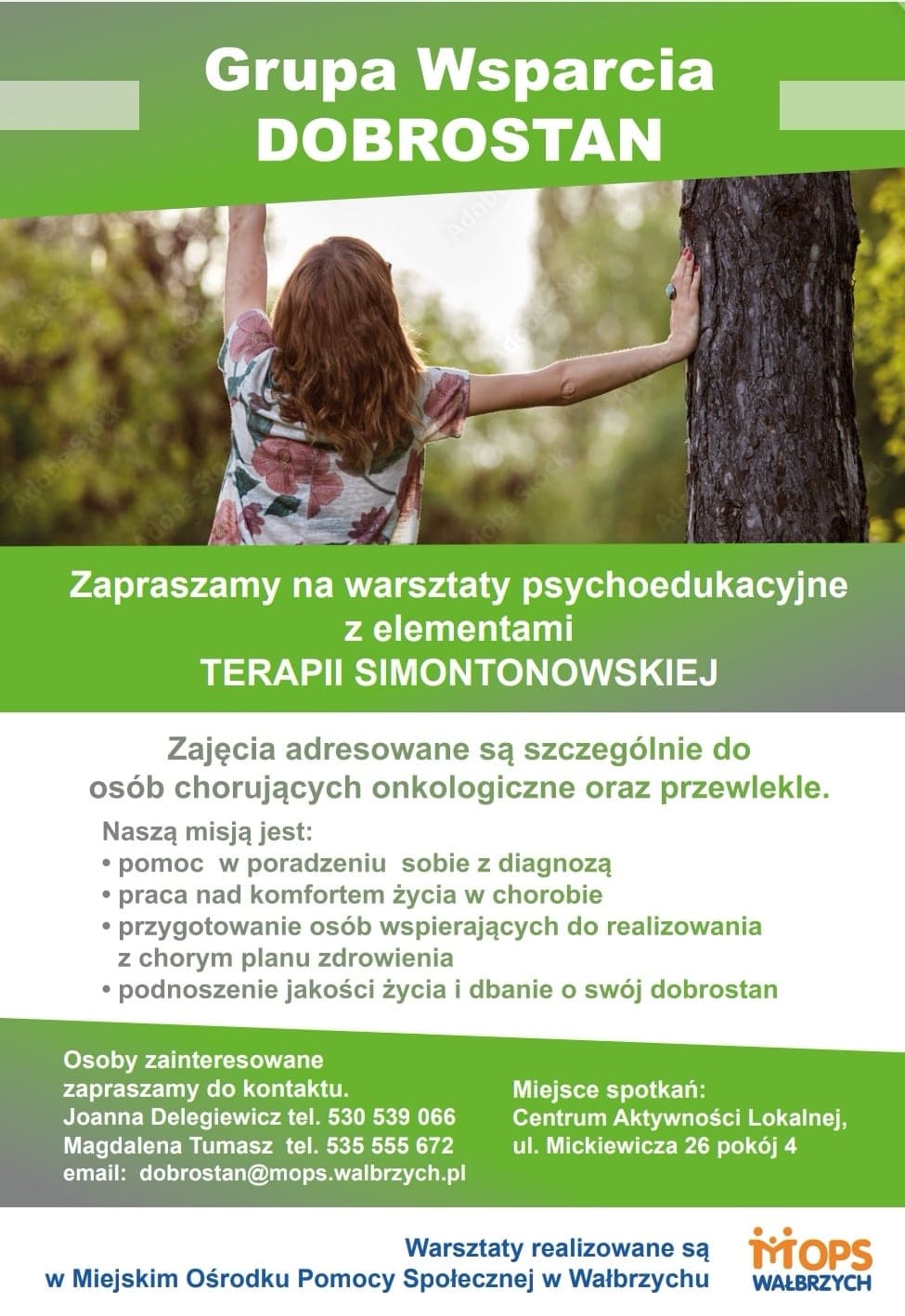 20220602_Dobrostan.jpg „na plakacie w kolorze zielonym kobieta obrócona plecami opiera się o drzewo i informacja o celach grupy wsparcia Dobrostan”