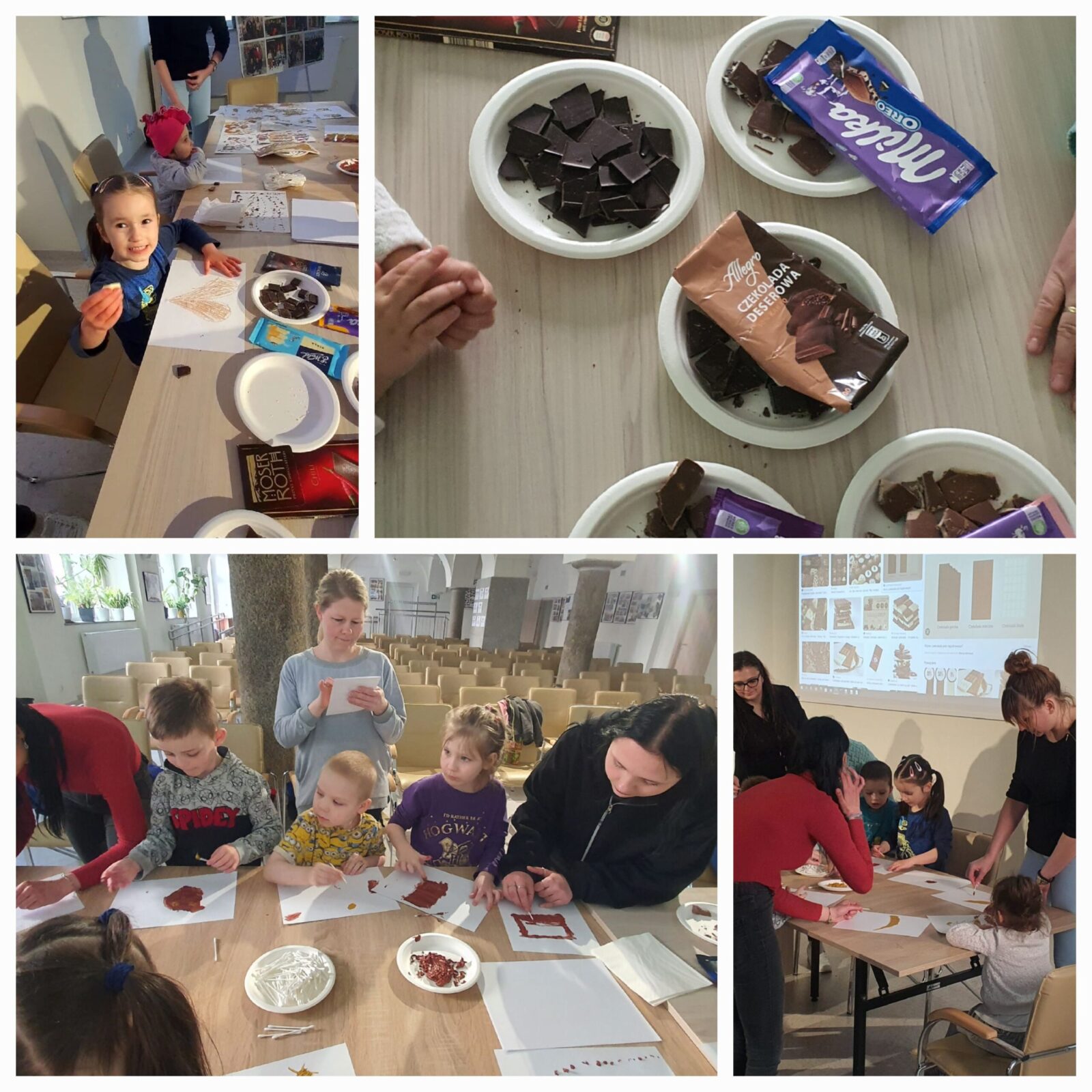 Na zdjęciach widoczne są pokruszone tabliczki czekolad o różnych smakach, dzieci tworzące obrazy przy pomocy farb w czekoladowych kolorach.